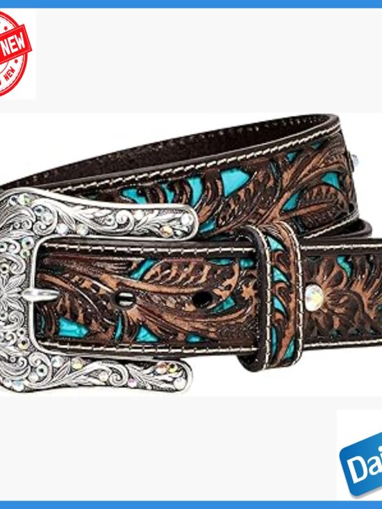 Small Leather Belt with Removable Buckle, Turquoise Inlay, Rhinestones main image 6
